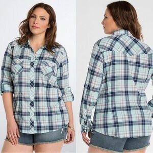 torrid Plaid Camp Shirt Plaid Alike Blue Button Front Button Sleeves Plus Size 5